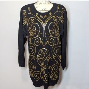 Womens Sweater Dress Black & Gold Beaded Spangles Size Small VTG 80s L'EAU VIVE